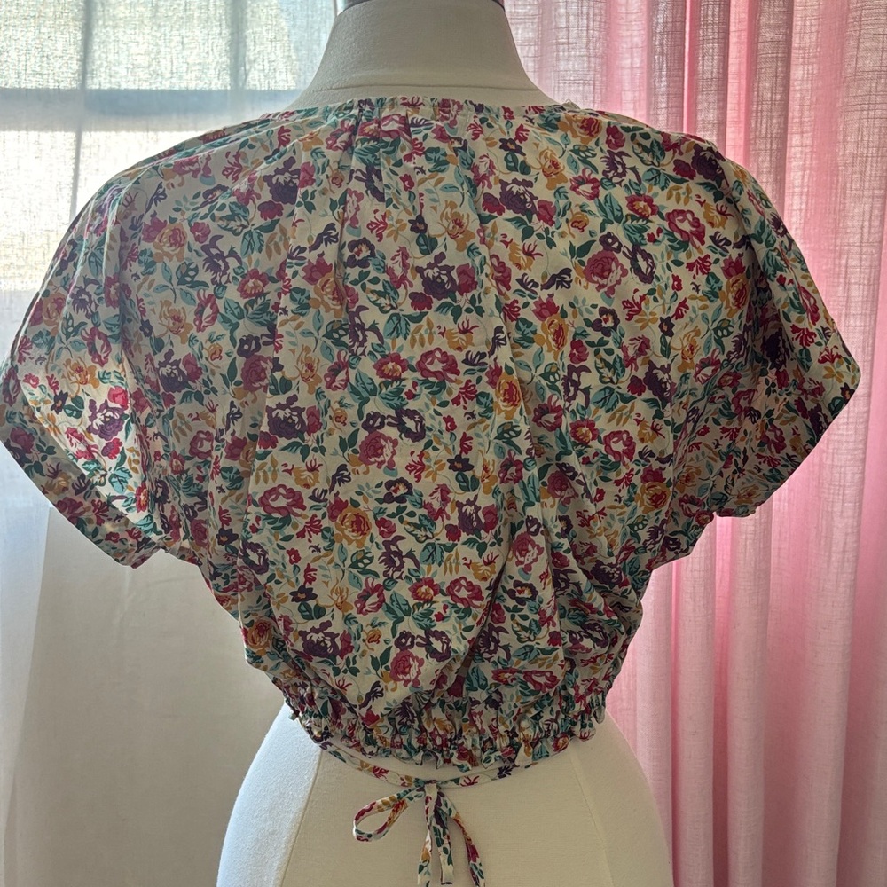Cider Floral V-Neck Cropped Blouse - White Base with Pink, Green & Purple Print - Picture 3 of 5